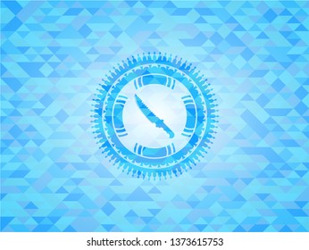 combat knife icon inside light blue emblem with triangle mosaic background