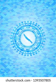 combat knife icon inside light blue emblem with triangle mosaic background
