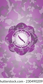 combat knife icon inside pink and purple camouflage texture. 