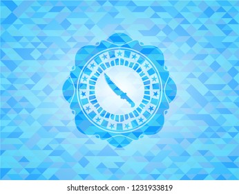 combat knife icon inside realistic sky blue emblem. Mosaic background