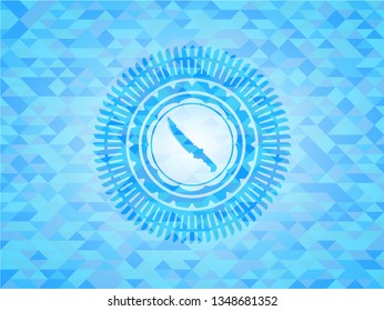 combat knife icon inside realistic light blue emblem. Mosaic background