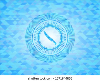combat knife icon inside realistic light blue emblem. Mosaic background