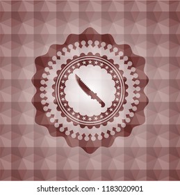 combat knife icon inside red emblem or badge with geometric pattern background. Seamless.