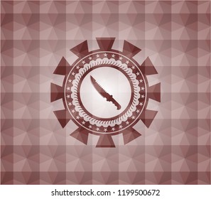 combat knife icon inside red seamless emblem with geometric pattern background.