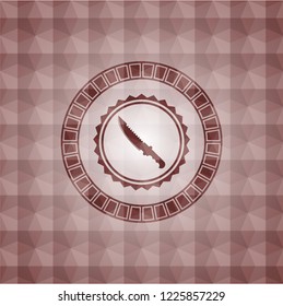 combat knife icon inside red seamless emblem or badge with geometric pattern background.