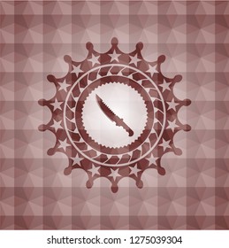 combat knife icon inside red emblem or badge with geometric pattern background. Seamless.
