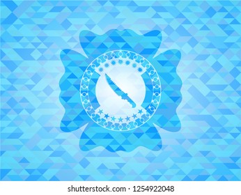 combat knife icon inside sky blue emblem. Mosaic background