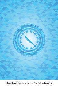 combat knife icon inside sky blue emblem. Mosaic background