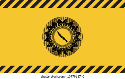 combat knife icon inside warning sign, black grunge emblem. Vector Illustration. Detailed.