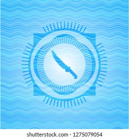 combat knife icon inside water wave style badge.