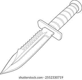 a combat knife with a sharp pointed blade, a serrated spine, and a textured handle, emphasizing its functionality and robust design