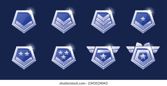 Combate la Evolución de los Chevrons Militares. Iconos Ui Metálicos De Nivel De Juego, Insignias De Logro Plateado O Acero