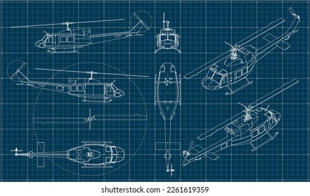 Combat military helicopter us army. Fighting vehicle during the Vietnam War. Blueprint with projections and isometry. Scale model.	
