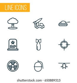 Combat Outline Icons Set. Collection Of Rocket, Dynamite, Atomic Bomb And Other Elements. Also Includes Symbols Such As Shot, Grenade, Grave.