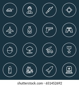 Combat Outline Icons Set. Collection Of Aircraft, Shot, Cutter And Other Elements. Also Includes Symbols Such As Dynamite, Soldier, Artillery.