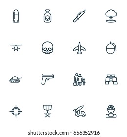 Combat Outline Icons Set. Collection Of Officer, Cutter, Rocket And Other Elements. Also Includes Symbols Such As Cranium, Nuclear, Rocket.