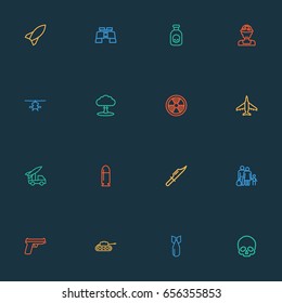 Combat Outline Icons Set. Collection Of Panzer, Radiation, Zoom Glasses And Other Elements. Also Includes Symbols Such As Shot, Toxic, Officer.