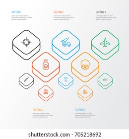 Combat Outline Icons Set. Collection Of Panzer, Fugitive, Rocket And Other Elements. Also Includes Symbols Such As Plane, Die, Skull.