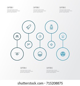 Combat Outline Icons Set. Collection Of Venom, Military, Atomic Bomb And Other Elements. Also Includes Symbols Such As Dynamite, Grenade, Glass.