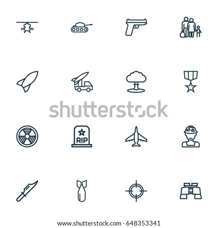 Combat Outline Icons Set. Collection Of Radiation, Fugitive, Panzer And Other Elements. Also Includes Symbols Such As Armored, Tank, Cutter.