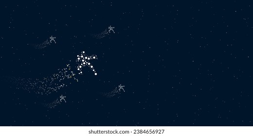 A combat robot filled with dots flies through the stars leaving a trail behind. Four small symbols around. Empty space for text on the right. Vector illustration on dark blue background with stars