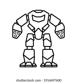 Combat robot icon. Fighting machine. Front view. Black contour linear silhouette. Vector flat graphic illustration. The isolated object on a white background. Isolate.