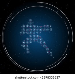 The combat robot symbol filled with white dots. Pointillism style. Some dots is pink. Vector illustration on blue background with stars
