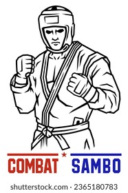 Combat sambo fighter. Vector illustration of a sambo fighter in a rack. Combat sambo logo. A fighter in a kimono and a helmet.
