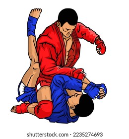 Combat sambo fighting in the stalls, fighting in a cage, a fighter beating a fighter sitting from the top.