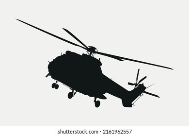 Combat Search And Rescue Helicopter Silhouette, Army Aircraft Vector Illustration.
