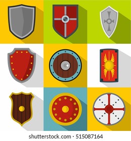 Combat shield icons set. Flat illustration of 9 combat shield vector icons for web
