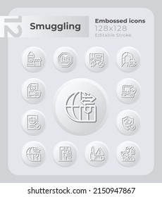 Combat smuggling embossed icons set. Economic impact. Neumorphism effect. Isolated vector illustrations. Minimalist button design collection. Editable stroke. Montserrat Bold, Light fonts used