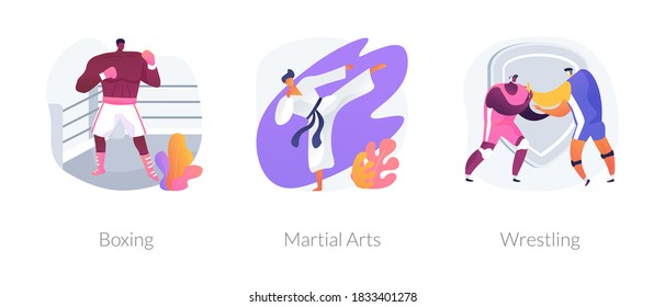 Combat sport abstract concept vector illustration set. Boxing, martial arts, wrestling training, boxer glove and ring, fight club, karate class, self-defense, professional fighter abstract metaphor.