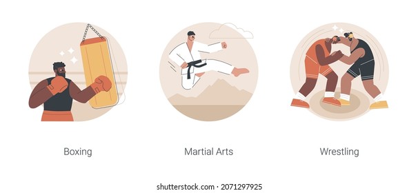 Combat sport abstract concept vector illustration set. Boxing, martial arts, wrestling training, boxer glove and ring, fight club, karate class, self-defense, professional fighter abstract metaphor.