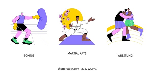 Combat sport abstract concept vector illustration set. Boxing ring, martial arts, wrestling, professional fight club, karate class, self-defense training, greco-roman athlete abstract metaphor.