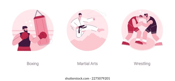 Juego de ilustración vectorial de concepto abstracto de combate. Boxeo, artes marciales, entrenamiento de lucha libre, guantes y anillo boxeadores, club de lucha, clase karate, autodefensa, metáfora abstracta de combate profesional.