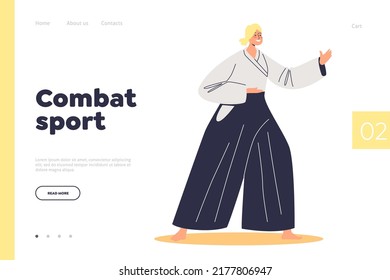 Combat sport concept of landing page with woman aikido fighter in costume for competition or training. Traditional japanese martial arts and japan sports. Cartoon flat vector illustration