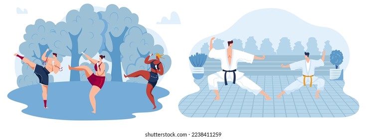 Combat sport, kick fight between people, fighter uniform, attack exercise, design, in cartoon style vector illustration.