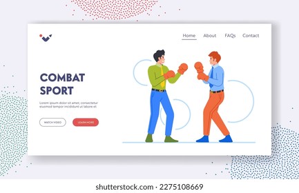Combat Sport Landing Page Template. Businessmen Boxing In Office, Male Characters Display Competitive Spirit