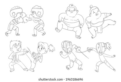 Combat sport. Set. Boxing, Sumo, Fencing, Karate. Cartoon characters. Funny vector illustration. Coloring book