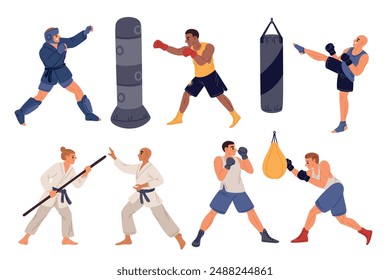 Combat sports. Professional athletes in uniform participate in sparring. Karate fights. Boxer beats. Kickboxers tournament. Men hit boxing bag. Sportsmen training. Garish