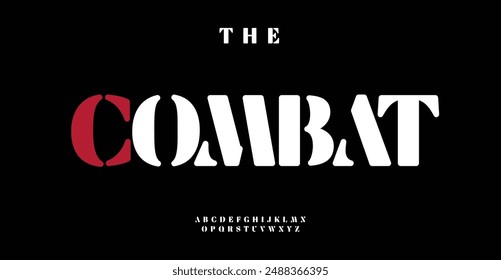 Combat stencil alphabet, powerful tech letters, urban military font for a bold industrial logo, combat headline, modern typographic design. Vector illustration