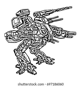 The combat two-legged vehicle. Vector illustration. Science fiction illustration. Original robot concept .