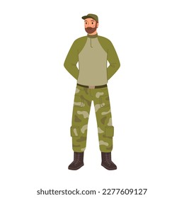 Combatant or soldier infantry wearing uniform, isolated man serving at army. Military forces and fight preparation, service. Flat cartoon, vector illustration
