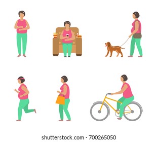 Combating Obesity Through Sports. Fat Woman Walking Dog, Bicycling, Jogging - Illustration Vector