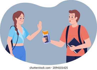 Combating peer pressure 2D vector isolated illustration. Teen smoking prevention. Schoolgirl refuses cigarettes from friend flat characters on cartoon background. Smoking refusal skill colourful scene