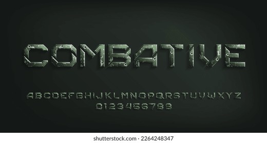 Combative alphabet font. Metal letters and numbers with bullet marks. Stock vector typeface for your design.