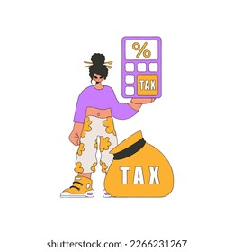 A combed woman holds a calculator in her hand. The theme of paying taxes.