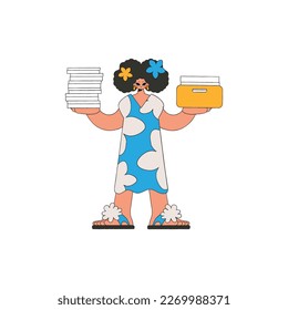A combed-out girl holds stacks of documents in her hands.