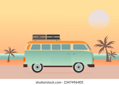 Combi van with the suitcases on the road at the beach with background sunset. Van life vector. Vintage retro. Traveling by van. Campervan. Camper van. Camping. Motorhome. Road trip.